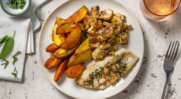 Filet de merlu poêlé, pommes de terre rôties et poêlée de champignons et poireaux. Le temps cuisson merlu poêle est parfait pour ce plat.