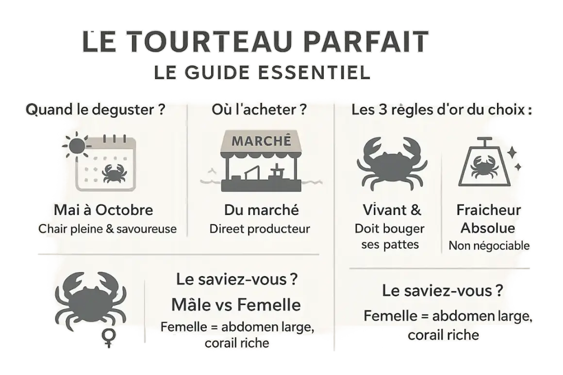 Guide pour la cuisson du tourteau : quand le déguster (mai-octobre), où l'acheter (marché), et comment le choisir (vivant, frais).