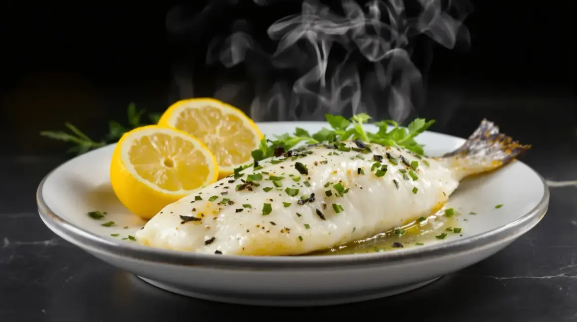 Poisson cuit à la vapeur, servi avec des citrons et des herbes. Une méthode rapide et saine pour la cuisson poisson micro onde.