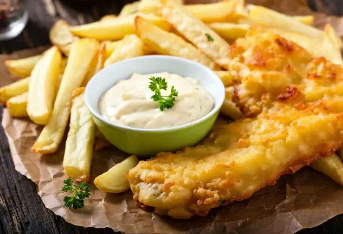 Poisson pané croustillant avec des frites dorées et une sauce crémeuse, parfait pour un repas savoureux.