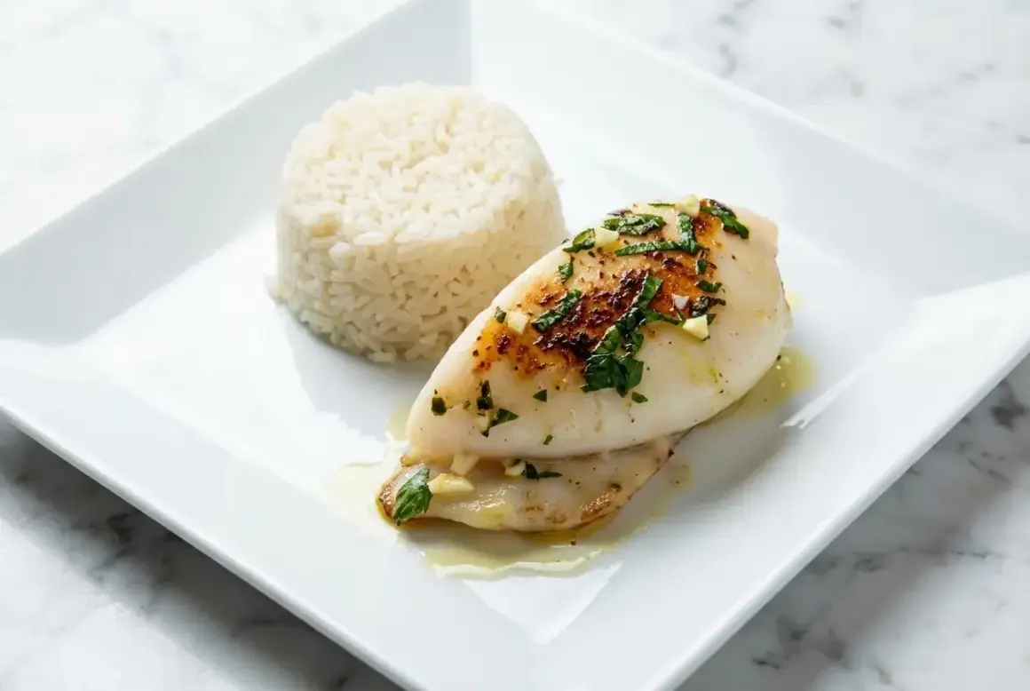 Seiche cuite à l'eau, servie avec du riz. Le temps de cuisson seiche à l'eau est court pour garder sa tendreté.