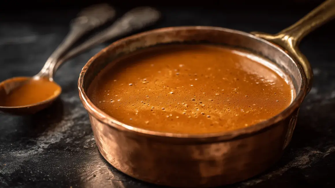 Une louche en cuivre remplie d'une sauce américaine onctueuse, prête à être dégustée.