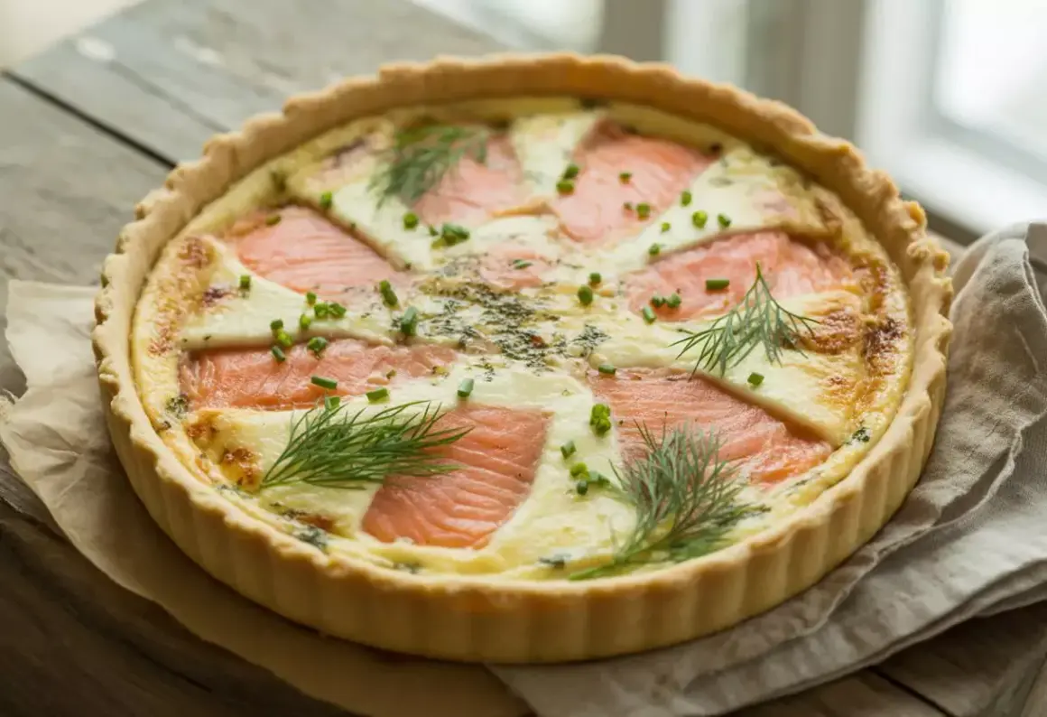 Quiche au saumon garnie d'aneth et de ciboulette, sur fond de bois.