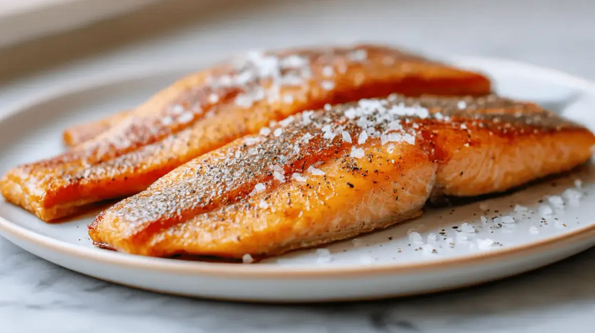 Trois pavés de truite dorés à la poêle, assaisonnés de gros sel et de poivre. Parfait pour un repas rapide, le temps de cuisson truite à la poêle est idéal.
