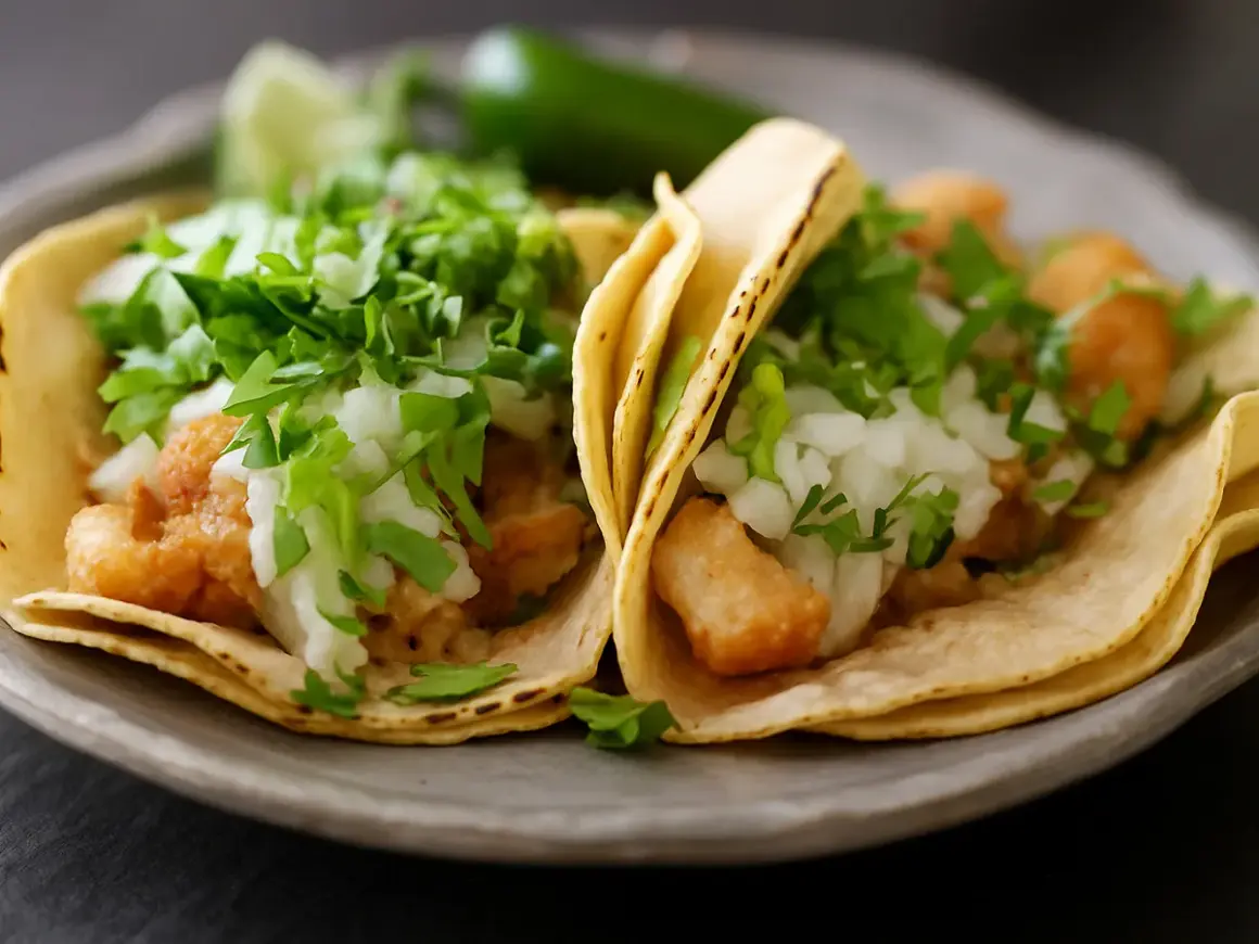Deux tacos au poisson avec garniture fraîche sur une assiette grise.