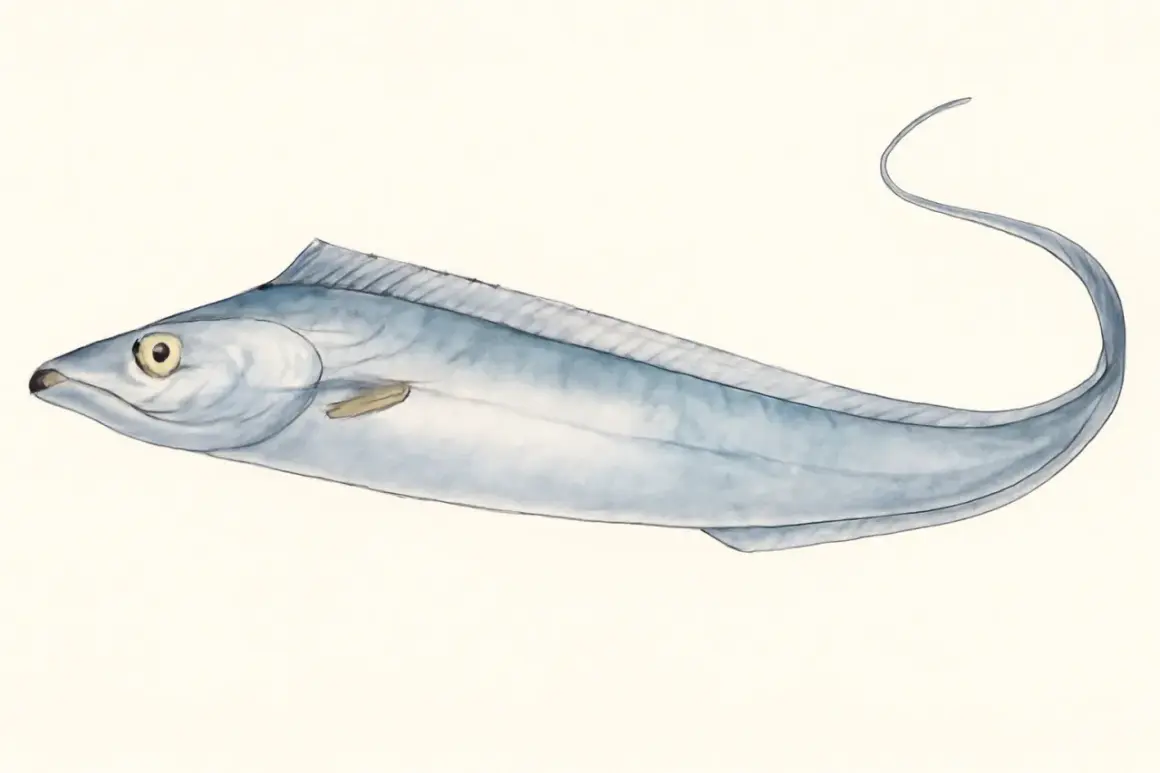 Un poisson sabre bleu, aux reflets argentés, glisse gracieusement sur un fond clair. Sa longue silhouette élancée évoque la rapidité et l'élégance.