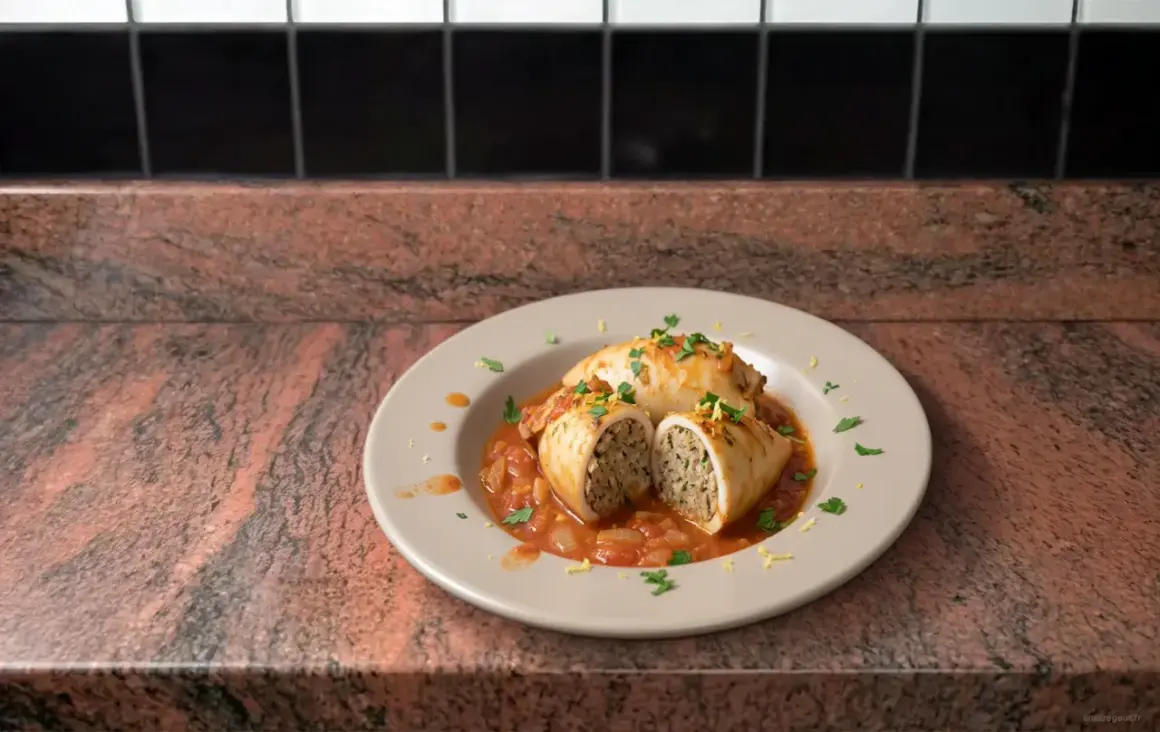 Deux calamars farcis, coupés en deux, baignant dans une sauce tomate savoureuse, garnissent une assiette.