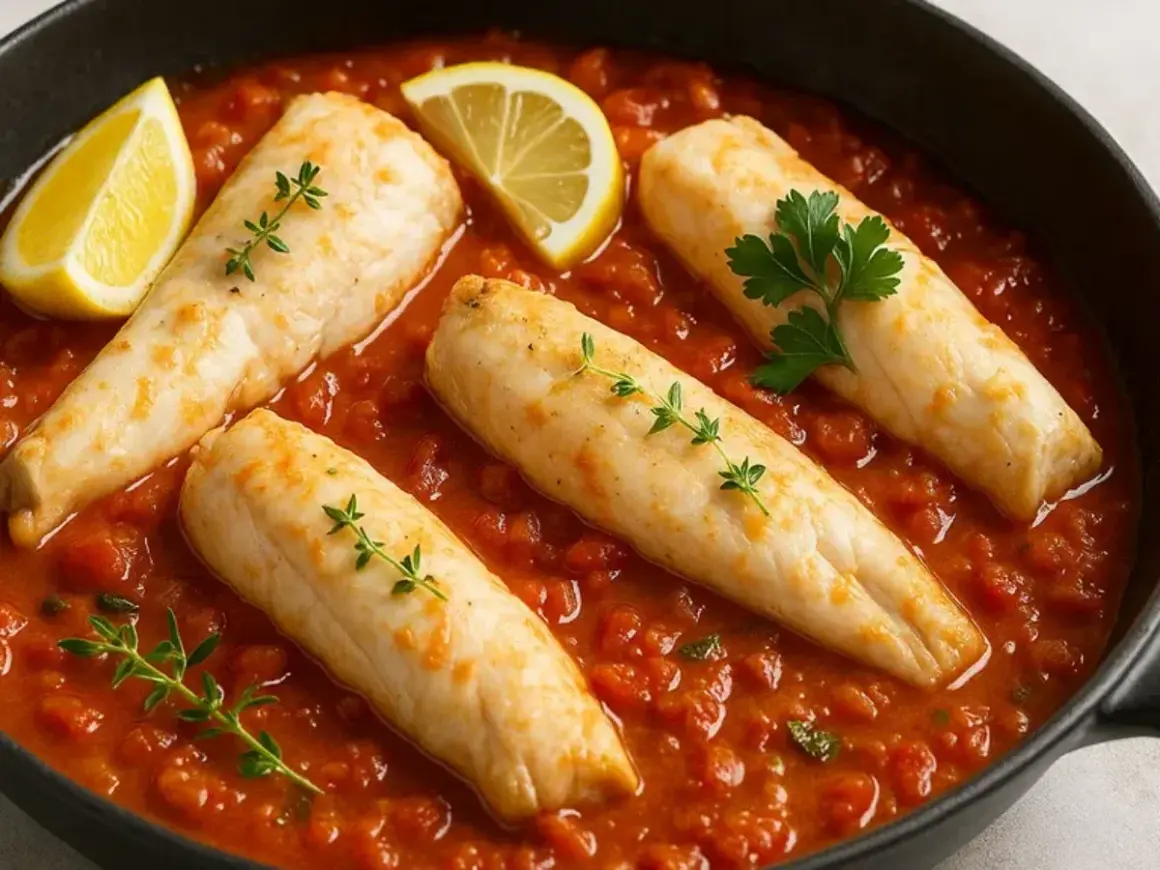 Quatre filets de roussette requin mijotent dans une sauce tomate savoureuse, garnie de quartiers de citron et d'herbes fraîches.