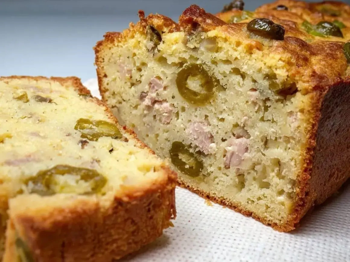 Tranche d'un cake au thon moelleux, garni d'olives vertes et de morceaux de thon. Parfait pour un apéritif ou un repas léger.