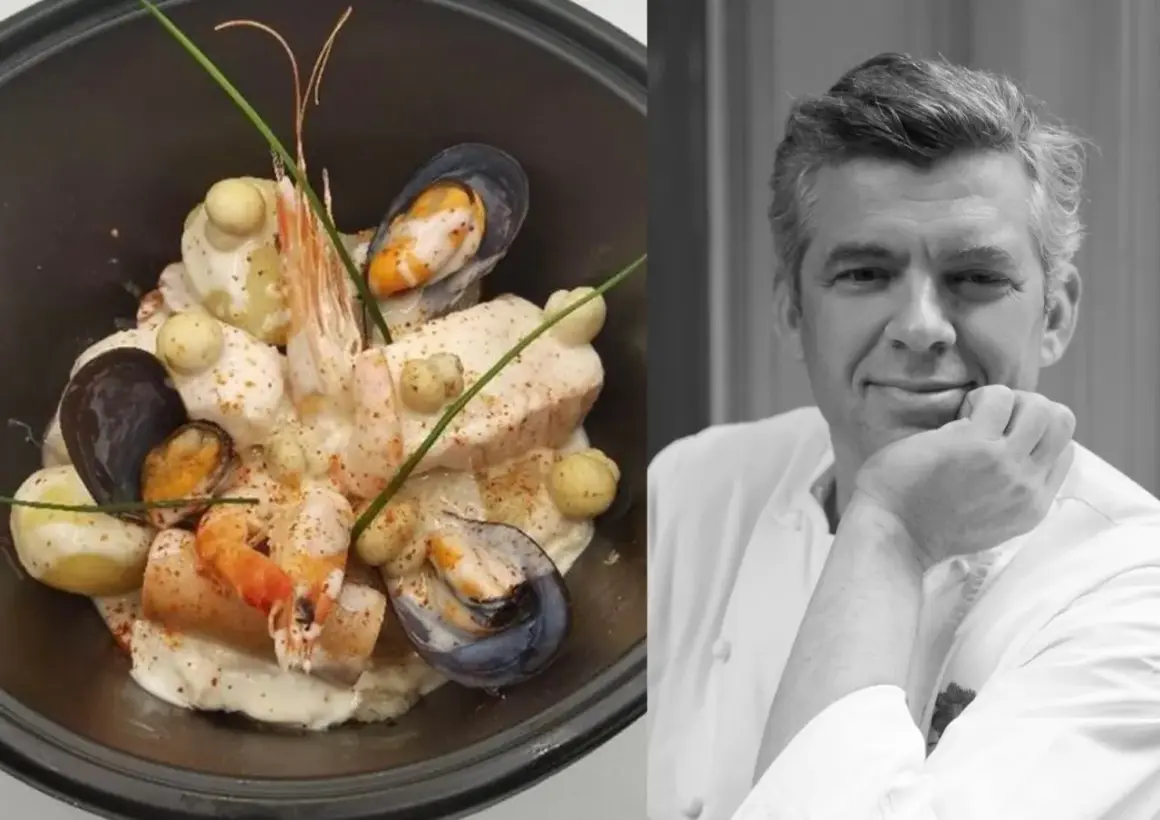 Un plat de choucroute de la mer, avec moules, crevettes et poisson, servi dans un bol noir. À côté, un portrait en noir et blanc d'un chef.