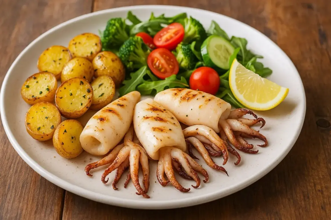 Calamars grillés avec un accompagnement de légumes frais et de pommes de terre rôties.