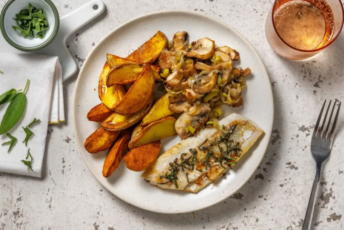Filet de merlu poêlé, pommes de terre rôties et poêlée de champignons et poireaux. Le temps cuisson merlu poêle est parfait pour ce plat.