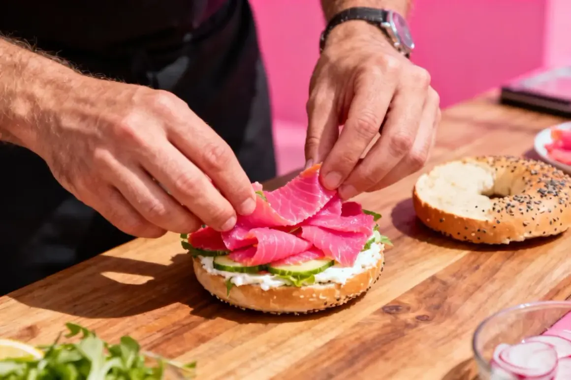 Préparation d'un bagel saumon frais avec des tranches de concombre et de la crème onctueuse.