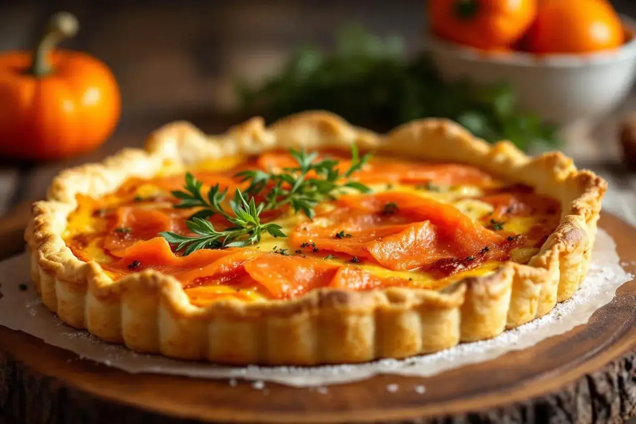 Quiche saumon poireaux, garnie de fines tranches de saumon fum&eacute; et d'une touche de persil frais, pr&ecirc;te &agrave; &ecirc;tre d&eacute;gust&eacute;e.