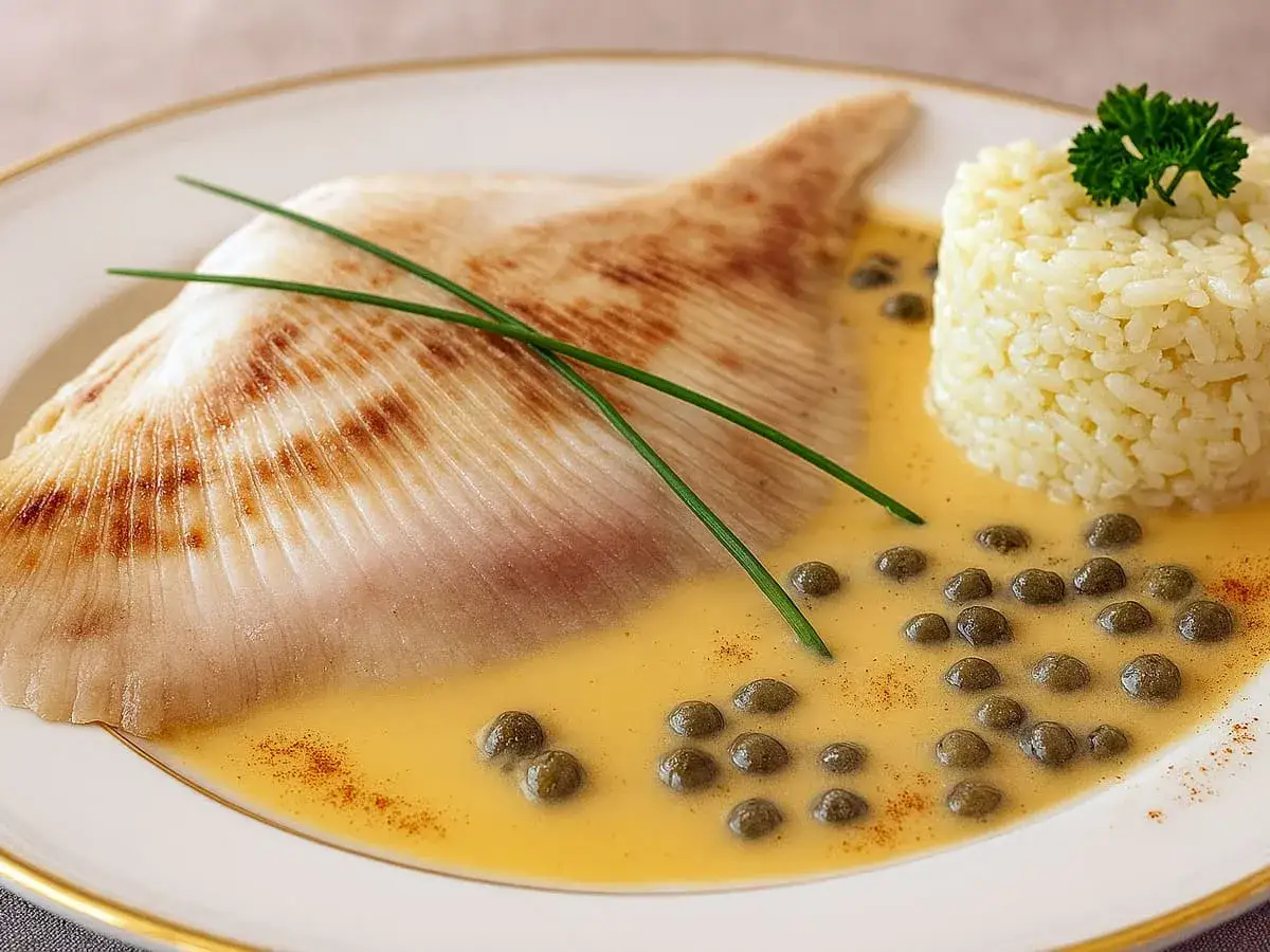 Une d&eacute;licieuse raie po&ecirc;l&eacute;e, napp&eacute;e d'une sauce onctueuse aux c&acirc;pres, accompagn&eacute;e d'un d&ocirc;me de riz et d'une touche de persil.