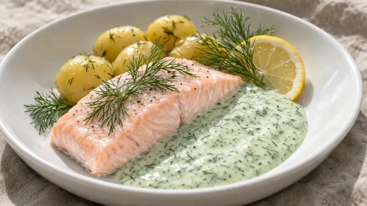 Filet de poisson au court-bouillon, servi avec des pommes de terre et une sauce verte. Un d&eacute;lice simple, qu'il soit pr&eacute;par&eacute; &agrave; l'eau froide ou chaude.
