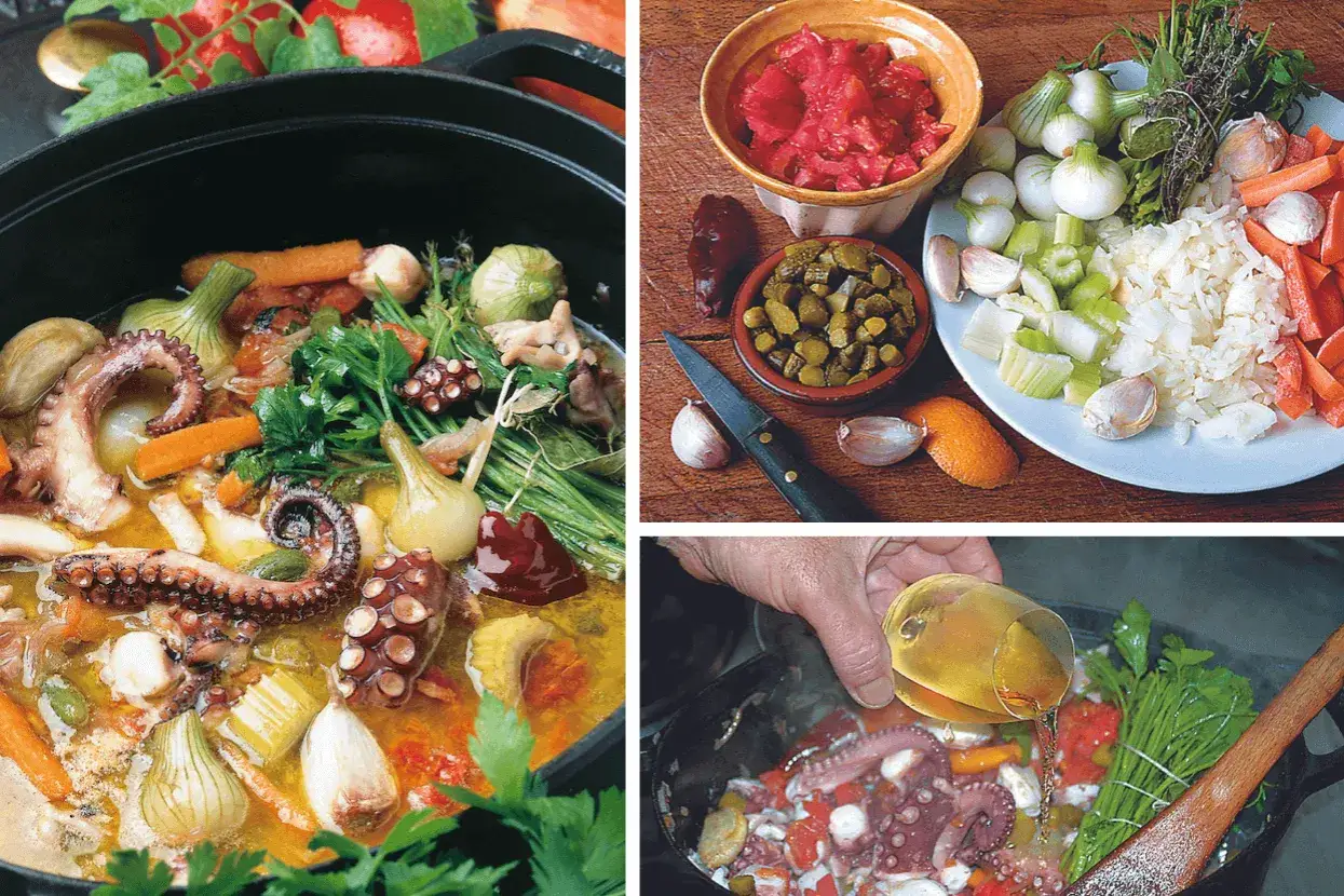 Pr&eacute;paration du poulpe en cocotte avec des l&eacute;gumes frais. Le poulpe est d&eacute;j&agrave; cuit et se m&eacute;lange aux carottes, oignons et herbes.