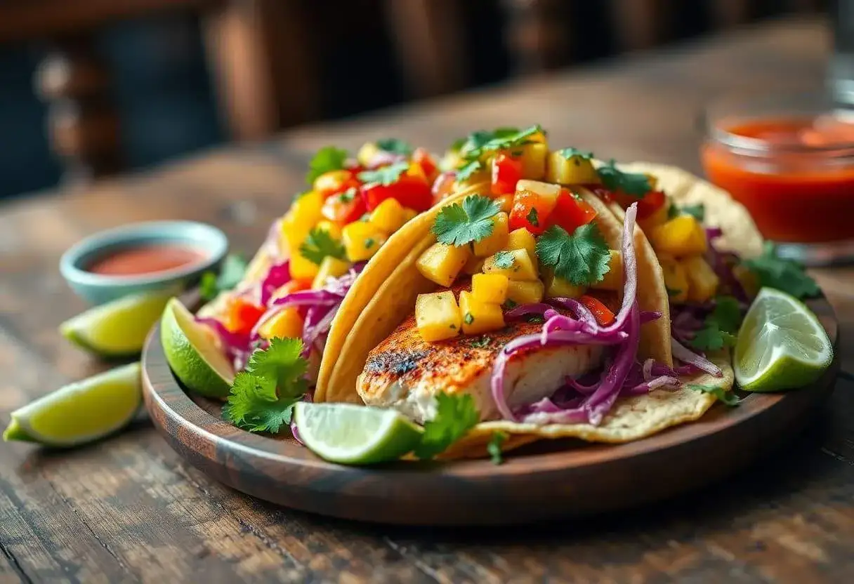 Deux d&eacute;licieux taco poisson, garni de mangue, poivrons, chou rouge et coriandre, avec des quartiers de citron vert et une sauce piquante.