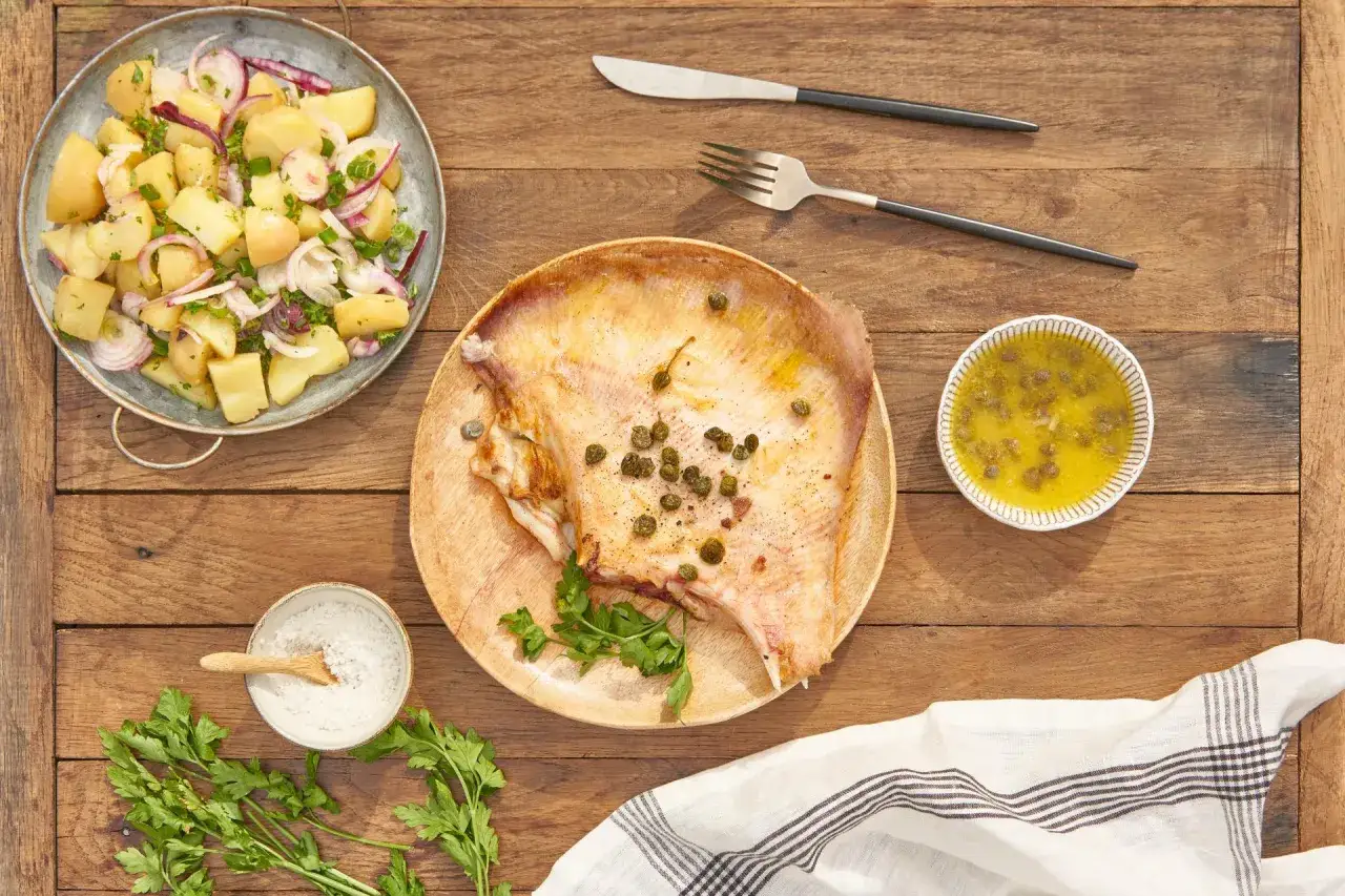 Une aile de raie &agrave; la plancha, garnie de c&acirc;pres et de persil, accompagn&eacute;e d'une salade de pommes de terre et d'une sauce citronn&eacute;e.