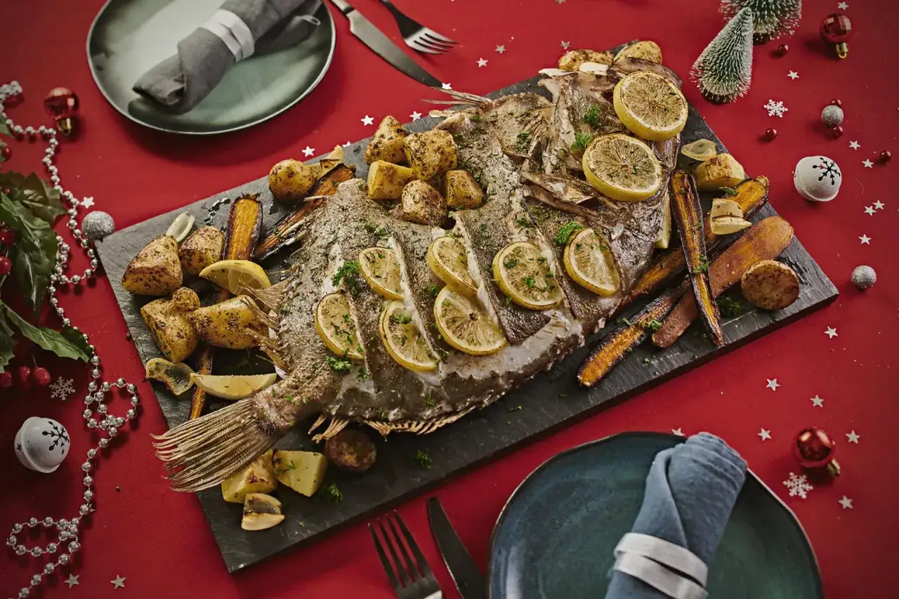 Un festin de Noël : un filet de saint pierre rôti avec des pommes de terre et des carottes, garni de rondelles de citron et de persil.