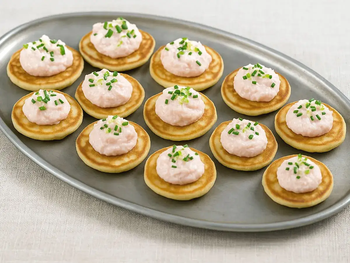 Mini blinis garnis d'une d&eacute;licieuse tarama recette, parsem&eacute;s de ciboulette fra&icirc;che. Parfait pour un ap&eacute;ritif.