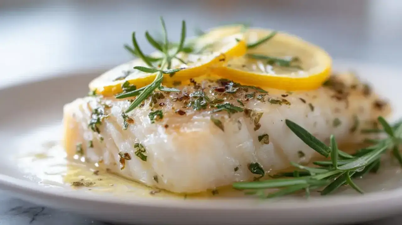 Un d&eacute;licieux filet de lingue poisson, garni de rondelles de citron et de romarin frais, baignant dans une sauce l&eacute;g&egrave;re.