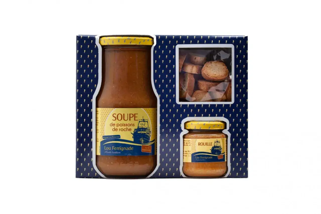 Coffret avec soupe de poissons de roche et sa sauce rouille, accompagn&eacute;e de cro&ucirc;tons. Parfait pour un repas proven&ccedil;al.