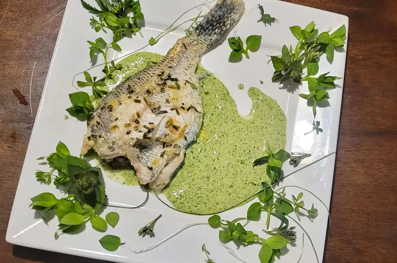 Poisson entier cuit, nappé d'une sauce verte crémeuse, garni d'herbes fraîches. Une délicieuse marinade poisson pour un plat savoureux.