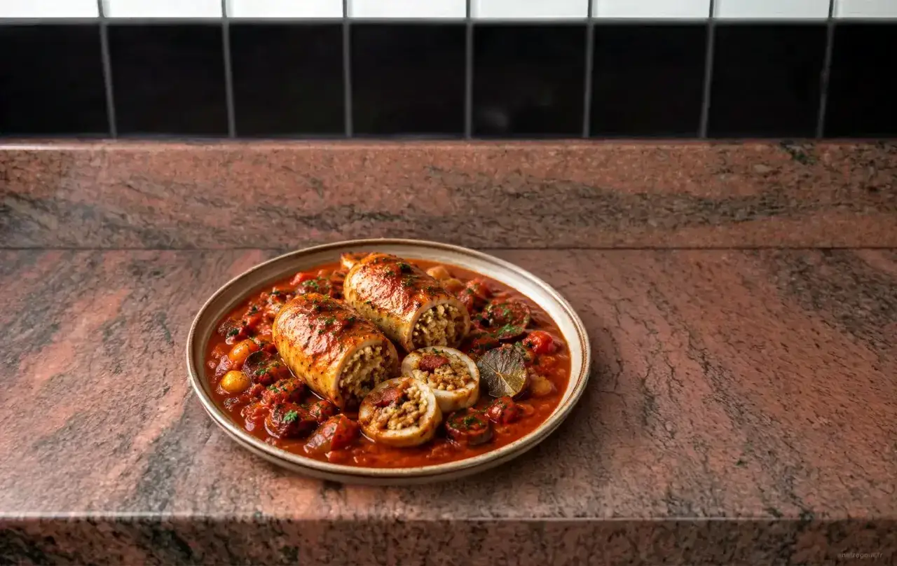 Deux calamars farcis, généreusement garnis de riz et de viande, baignent dans une sauce tomate savoureuse avec des tomates cerises et des herbes.
