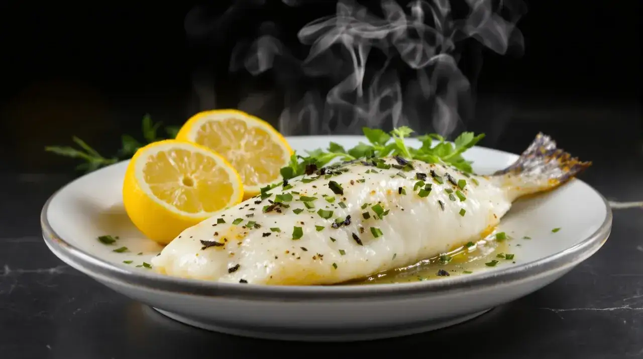 Poisson cuit &agrave; la vapeur, servi avec des citrons et des herbes. Une m&eacute;thode de cuisson rapide et saine, id&eacute;ale pour la cuisson poisson micro onde.