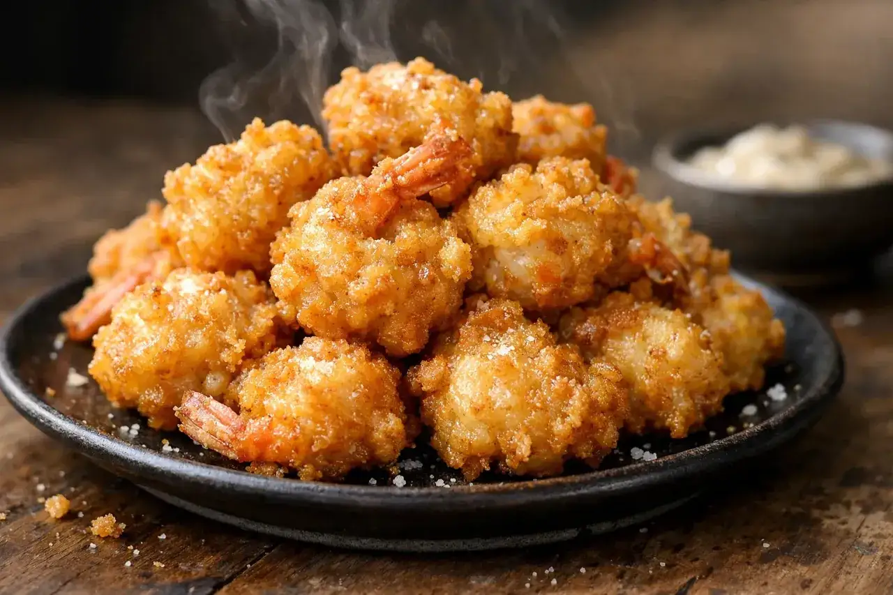 Une assiette de beignets de crevette dor&eacute;s et croustillants, fumant l&eacute;g&egrave;rement. Parfait pour un ap&eacute;ritif gourmand.