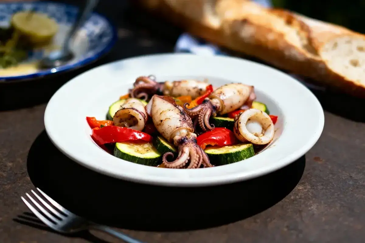 Calamars grill&eacute;s sur un lit de l&eacute;gumes color&eacute;s, un accompagnement savoureux pour un repas ensoleill&eacute;.
