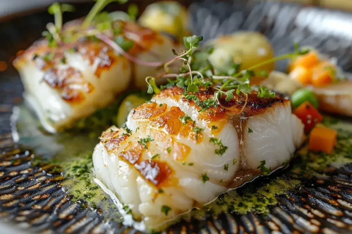 D&eacute;licieux m&eacute;daillons de lotte &agrave; la po&ecirc;le, dor&eacute;s et tendres, servis avec une sauce verte et des l&eacute;gumes croquants.