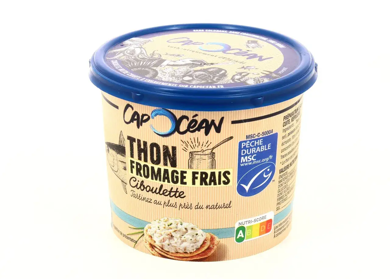 Boîte de rillettes de thon et fromage frais à la ciboulette, Cap'Océan. Parfait pour tartiner.