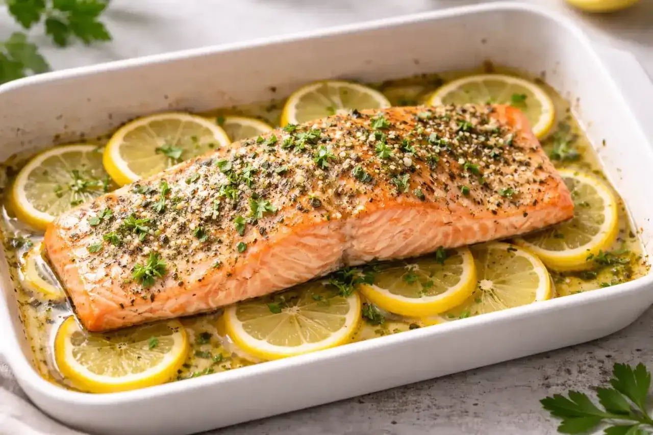 Un d&eacute;licieux saumon au four, parsem&eacute; d'herbes et de poivre, cuit sur des rondelles de citron dans un plat blanc.