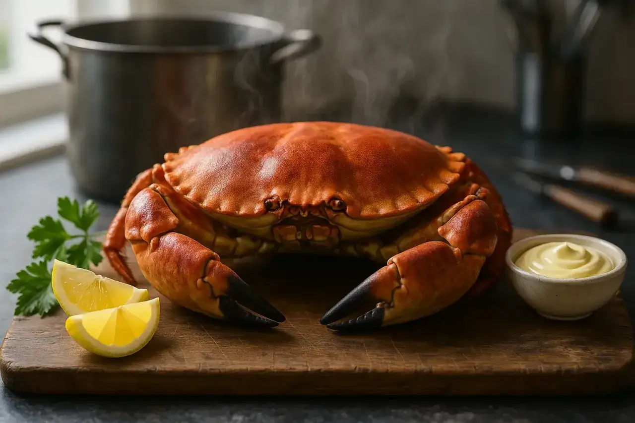 Un tourteau tout juste sorti du bain de cuisson, prêt à être dégusté avec du citron et de la mayonnaise.