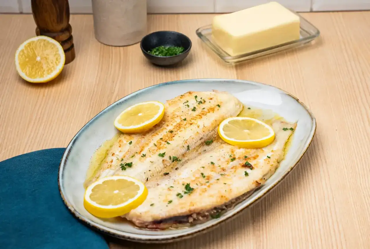 Deux filets de sole meuni&egrave;re dor&eacute;s, garnis de rondelles de citron et de persil frais, sur une assiette ovale.