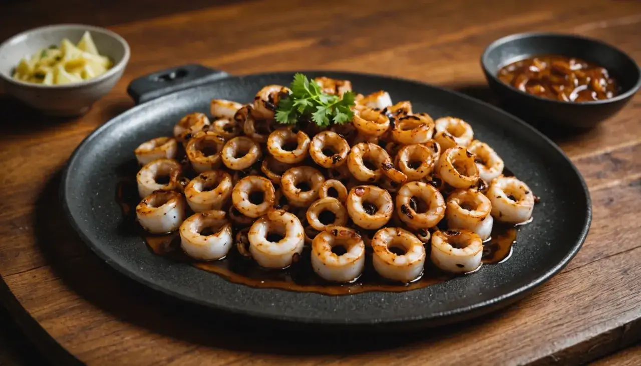 Chipirons &agrave; la plancha, tendres et grill&eacute;s, baignant dans une sauce savoureuse. Accompagn&eacute;s de p&acirc;tes et d'une sauce piquante.