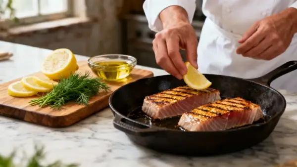 Un chef ajoute une tranche de citron sur du thon frais grillé dans une poêle. Une recette simple et savoureuse.