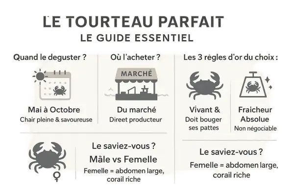 Guide pour la cuisson du tourteau : quand le déguster (mai-octobre), où l'acheter (marché), et comment le choisir (vivant, frais).