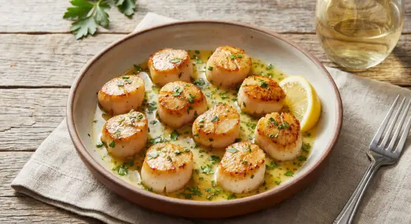 Assiette de noix de petoncle dorées, nappées d'une sauce au beurre et persil, garnie de quartiers de citron. Un verre de vin blanc et une fourchette complètent la scène.