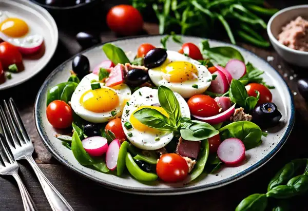 Une salade niçoise appétissante avec des œufs durs, des tomates cerises, des radis, des olives noires et du thon.