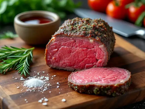 Un rôti de bœuf juteux, assaisonné d'herbes, prêt pour une recette merlan. Accompagné de romarin, sel et sauce.