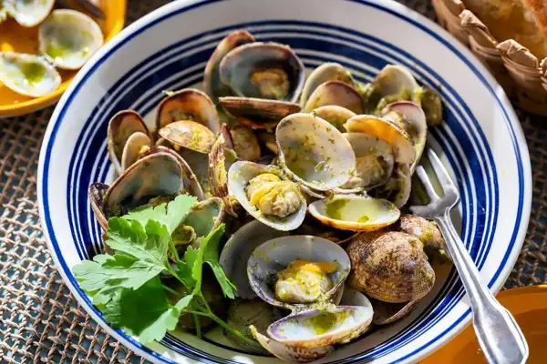 Tellines à la persillade dans un plat bleu et blanc, garnies de persil frais.