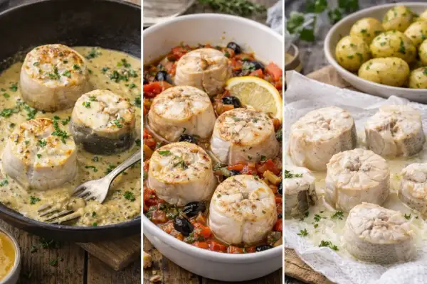 Trois préparations de saumonette de roussette : en sauce crémeuse, avec des tomates et olives, et nature avec des pommes de terre.