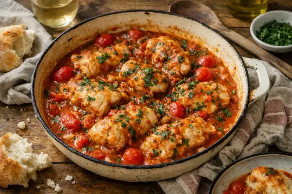 Poêlée de queue de lotte aux tomates cerises et persil, servie dans une cocotte en fonte avec du pain croustillant.