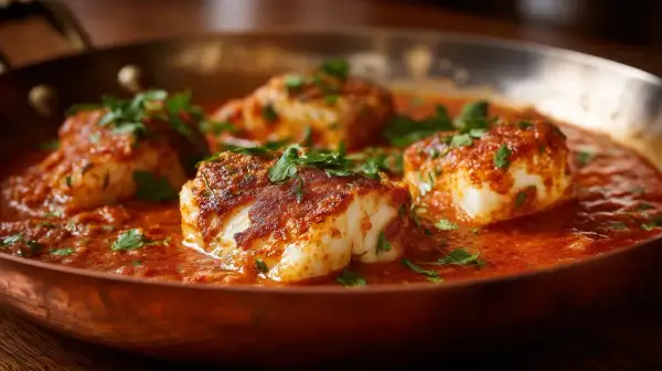 Poisson blanc en sauce armoricaine, garni de persil frais, servi dans une poêle en cuivre.