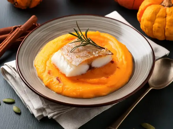 Délicieuse recette lieu jaune sur purée de courge, garnie de romarin. Ambiance automnale avec citrouilles et cannelle.