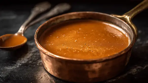 Une louche en cuivre remplie d'une sauce américaine onctueuse, prête à être dégustée.