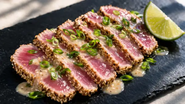 Tranches de thon snacké enrobées de sésame, arrosées d'une sauce crémeuse et garnies de ciboule. Une tranche de citron vert complète ce plat savoureux.